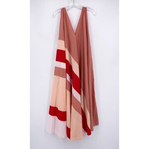 Tome Collective Dress 4 S Pleated Sleeveless Swing Stripe Maxi Pink Red V Neck
